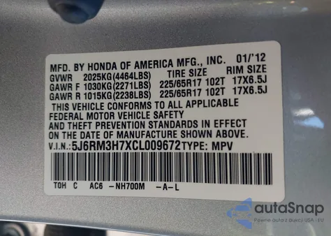 2012 Honda Cr-V Ex-L из США, поврежденный, VIN 5J6RM3H7XCL009672